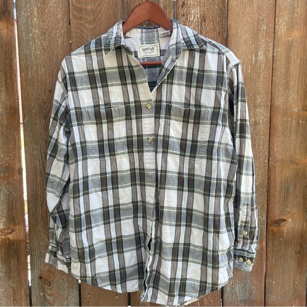 KRAZY KAT Women’s Gray Red Plaid Button Down Shirt 100% Cotton Size Medium